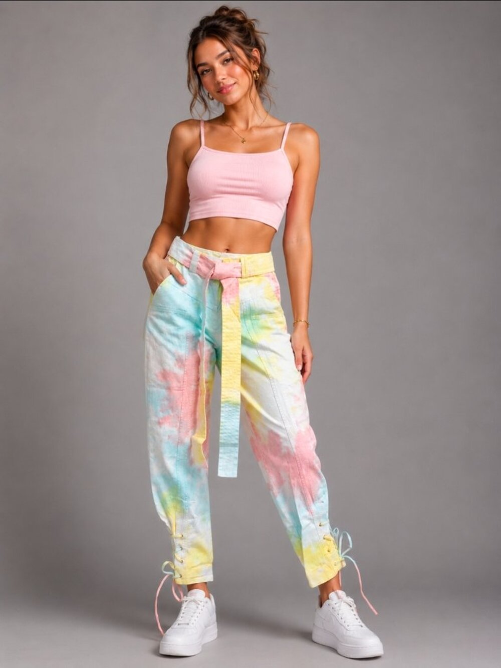 NWT LoveShackFancy Tao Tie-Dye High-Rise Tapered Jeans Belted Lace-Up Cuff Pants